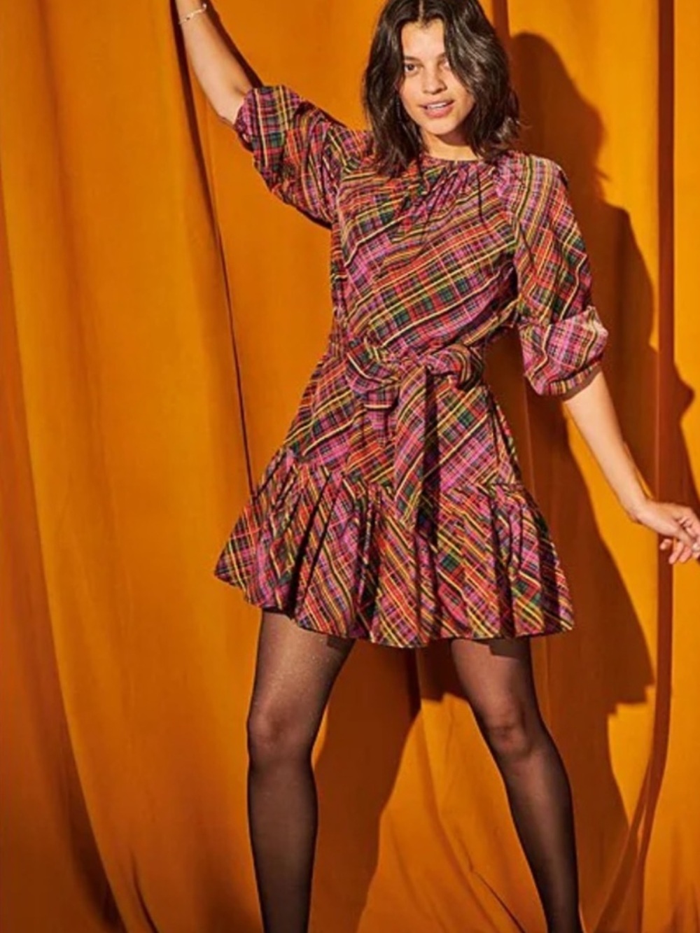 LDT Hunter Parachute 3/4 Puff Sleeve Tie Waist Plaid Ruffled Mini Dress Size 2